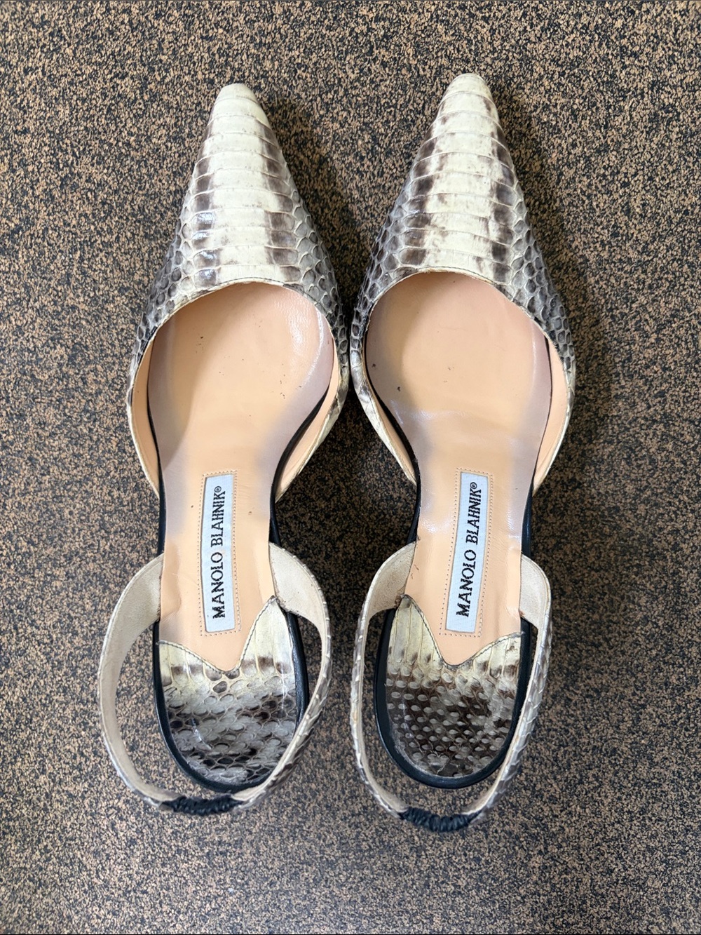 Manolo Blahnik Cream Snakeskin Pointed-Toe Slingbacks
